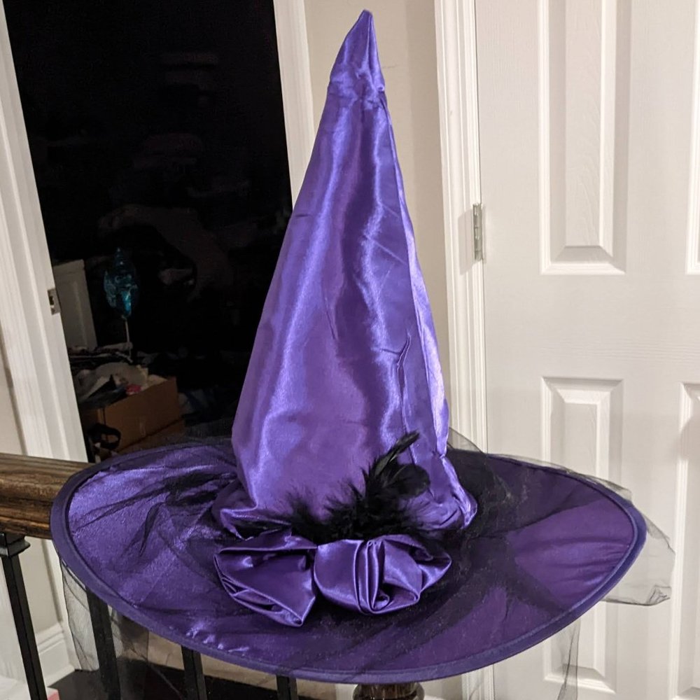 Halloween Purple Satin Witches Hat w/Rosettes & Feathers - Black Net Veil- Fancy